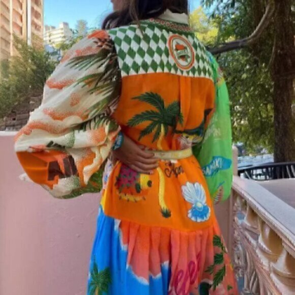 Paradise Colorful Button Down Belted Maxi Collared Shirt Midi Dress 2XL - Picture 4 of 10